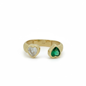 14K Gold Toi et Moi Double Heart Open Ring – White & Green Cubic Zirconia – Size 7.5