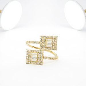 10K Gold Double Square Bypass Ring with Baguette & Cubic Zirconia – Size 8