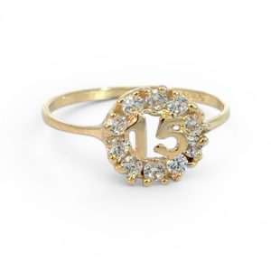 14K Gold Quinceañera "15" Ring with Cubic Zirconia Halo – Size 6.25