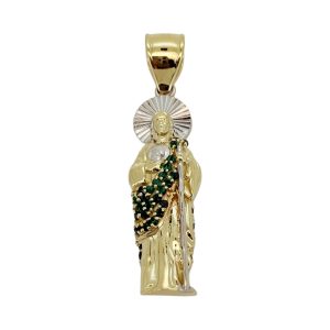 10K Two-Tone Gold Saint Jude (San Judas Tadeo) Pendant with Green CZ