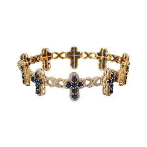 10K Gold Cross & Infinity Link Bracelet with Diamonds & Blue CZ – 8 in