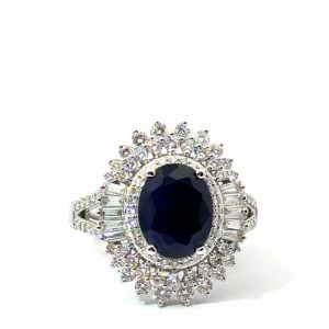 14K White Gold Lab-Created Oval Sapphire & Diamond Double Halo Ring – 3.30 ct Sapphire, 1.02 ctw Diamonds – Size 7