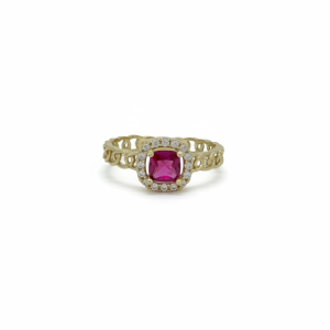 10K Gold Red Cushion Cubic Zirconia Halo Ring with Chain Link Band – Size 7
