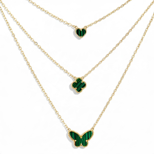 14K Gold Triple Layer Necklace with Green Heart, Clover & Butterfly – 19 in