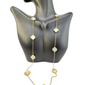 10K Gold White Four-Leaf Clover Station Necklace – 10 Motifs – 18 in