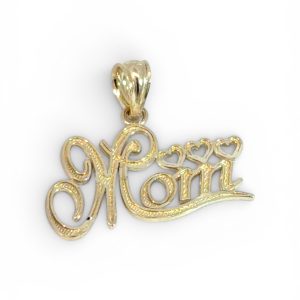 10K Gold Mom Script Pendant with Three Hearts