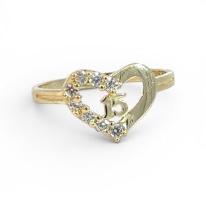 10K Gold Quinceañera "15" Heart Ring with Cubic Zirconia – Size 6.75