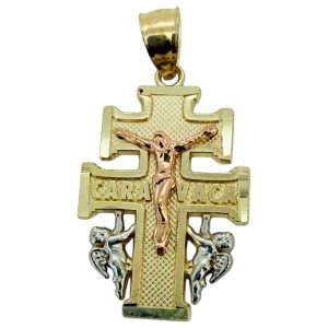 14K Tri-Color Gold Cross of Caravaca Pendant with Angels
