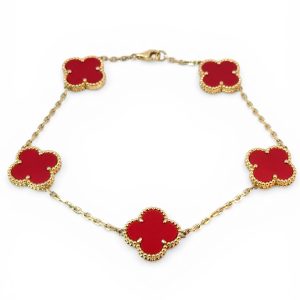 14K Gold Red Four-Leaf Clover Station Bracelet – 5 Motifs – 8.5 in