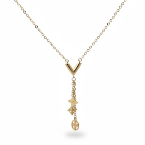 14K Gold V Lariat Y Necklace with Dangling Flower Charms - 16 in