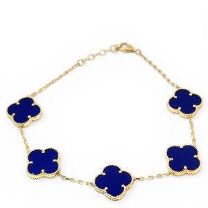 14K Gold Blue Four-Leaf Clover Station Bracelet – 5 Motifs – 7.5 in