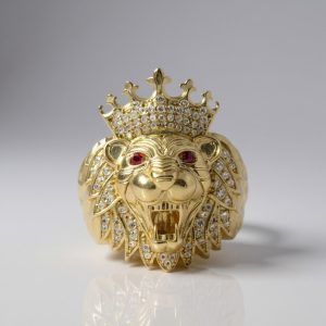 10K Gold Men's Crowned Lion Head Ring with Cubic Zirconia – Size 12 – 6.6 g