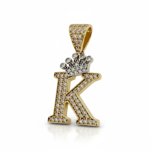 10K Gold Iced Out Initial Letter K Pendant with Crown – Cubic Zirconia