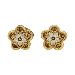 14K Gold CZ Flower Stud Earrings