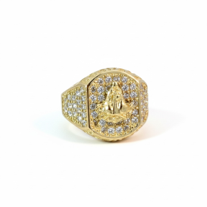 10K Gold Men's Iced Out Virgen de la Caridad del Cobre Signet Ring with Cubic Zirconia – Size 11