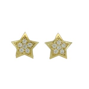 10K Gold CZ Star Stud Earrings with Polished Border