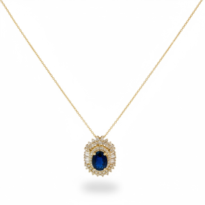 14K Gold Lab-Created Oval Sapphire & Diamond Halo Necklace – 1.30 ct Sapphire, 0.53 ctw Diamonds – 18 in