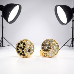 14K Gold Yin Yang Stud Earrings with Black & White Cubic Zirconia