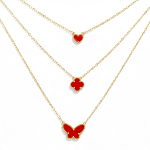 10K Gold Triple Layer Necklace with Red Heart, Clover & Butterfly – 19 in