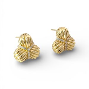 10K Gold Ribbed Trefoil Earrings with Cubic Zirconia – Omega Back – 3.6 g