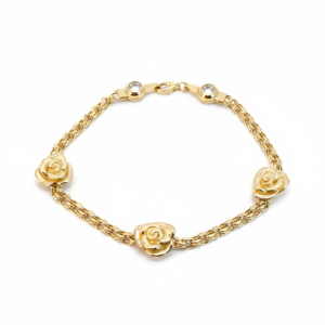 10K Gold Chinese Link Bracelet with Rose Stations – 7 in, 3.3 mm