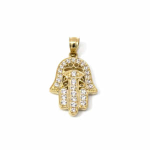 10K Gold Hamsa Hand Pendant with Evil Eye & Cubic Zirconia