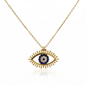 14K Gold Evil Eye Necklace with Blue CZ – 16 in