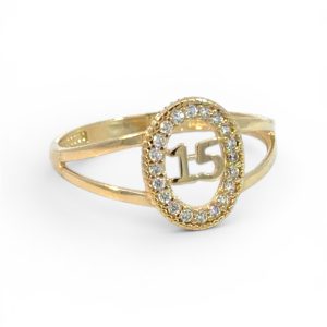 14K Gold Quinceañera "15" Oval Halo Ring with Cubic Zirconia – Size 7.75