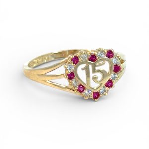 14K Gold Quinceañera "15" Heart Ring with Red & White Cubic Zirconia – Size 8
