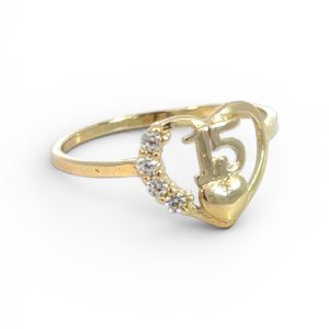 14K Gold Quinceañera "15" Heart Ring with Cubic Zirconia – Size 7.5