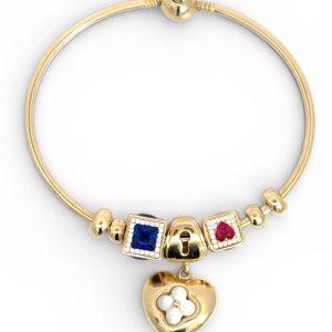 14K Gold Charm Bead Bangle Bracelet with Heart Charm