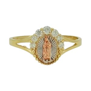 10K Tri-Color Gold Our Lady of Guadalupe CZ Halo Ring – Size 7.25