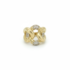 10K Gold Wide Interlocking Link Statement Ring with Pavé Cubic Zirconia – Size 7