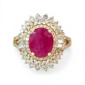 14K Gold Lab-Created Oval Ruby & Diamond Double Halo Ring – Size 7