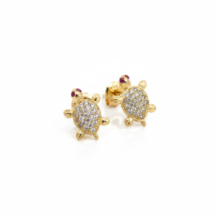 10K Gold Turtle Jicotea Stud Earrings with Pave Cubic Zirconia