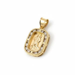 10K Gold Saint Lazarus Rectangular Halo Medal (San Lázaro) with Cubic Zirconia