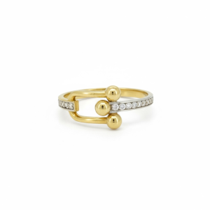 14K Two-Tone Gold Link Ring with Gold Ball Ends & Cubic Zirconia Band – Size 7.75