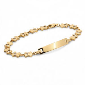 14K Gold Kids Teddy Bear ID Bracelet with Cubic Zirconia – Hollow – 6.5", 5.1 mm