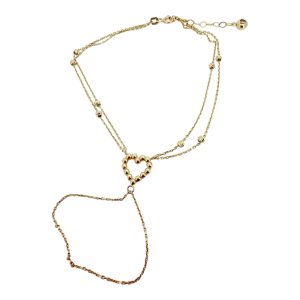 14K Gold Heart Hand Chain Bracelet with Ring – Double Strand Beaded – 3 g