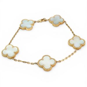 14K Gold White Four-Leaf Clover Station Bracelet – 5 Motifs – 8.75 in