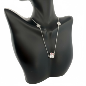 14K White Gold Four-Leaf Clover Station Necklace – Sunburst Design – 16 in