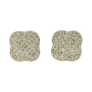 14K Gold 0.43 ctw Baguette Diamond Cushion Cluster Stud Earrings
