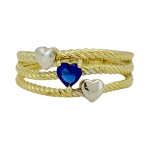 10K Gold Triple Rope Heart Ring with Blue CZ – Size 7.5