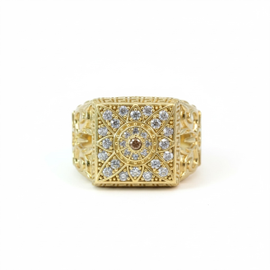 10K Gold Men's Square Signet Ring with Star Pattern, Greek Key & Cubic Zirconia – Size 11.5
