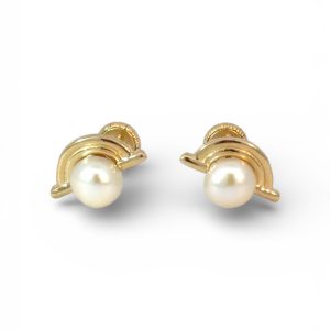 14K Gold Simulated Pearl Stud Earrings with Ribbed Arch – Screw Back