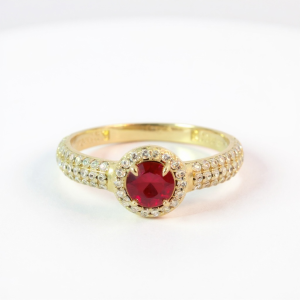 10K Gold Red Cubic Zirconia Halo Ring with Pavé Band – Size 8