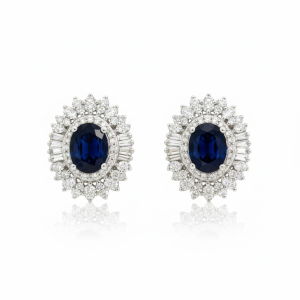 14K White Gold Lab-Created Oval Sapphire & Diamond Halo Earrings – 2.80 ctw Sapphire, 1.10 ctw Diamonds