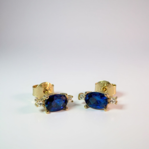 14K Gold Blue Oval Cubic Zirconia Three-Stone Stud Earrings