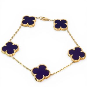 14K Gold Blue Four-Leaf Clover Station Bracelet with Beaded Border – 7.5 in