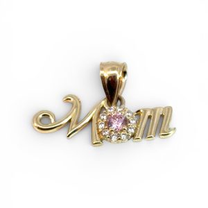 14K Gold Mom Script Pendant with Cubic Zirconia Halo